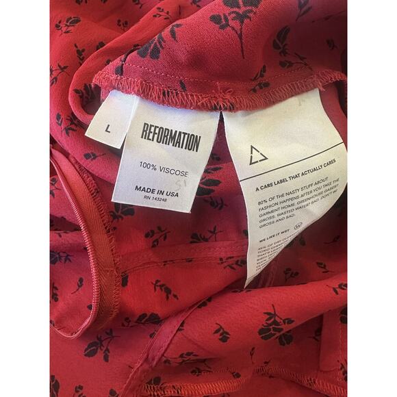 Reformation Red & Black Floral Print Mini Dress Bell Sleeve Ruffle Women's Large - Picture 14 of 16